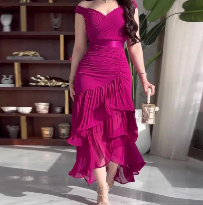 FANAN Women's off-shoulder ruffle tiered evening party dress in mid-calf length, black fabric, elegant and stylish for special occasions