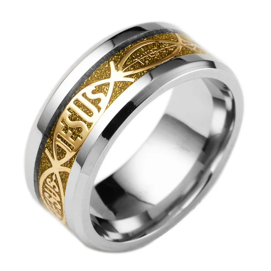 Showlu Jesus Cross ring in 316L stainless steel, featuring a religious design with detailed cross engraving.