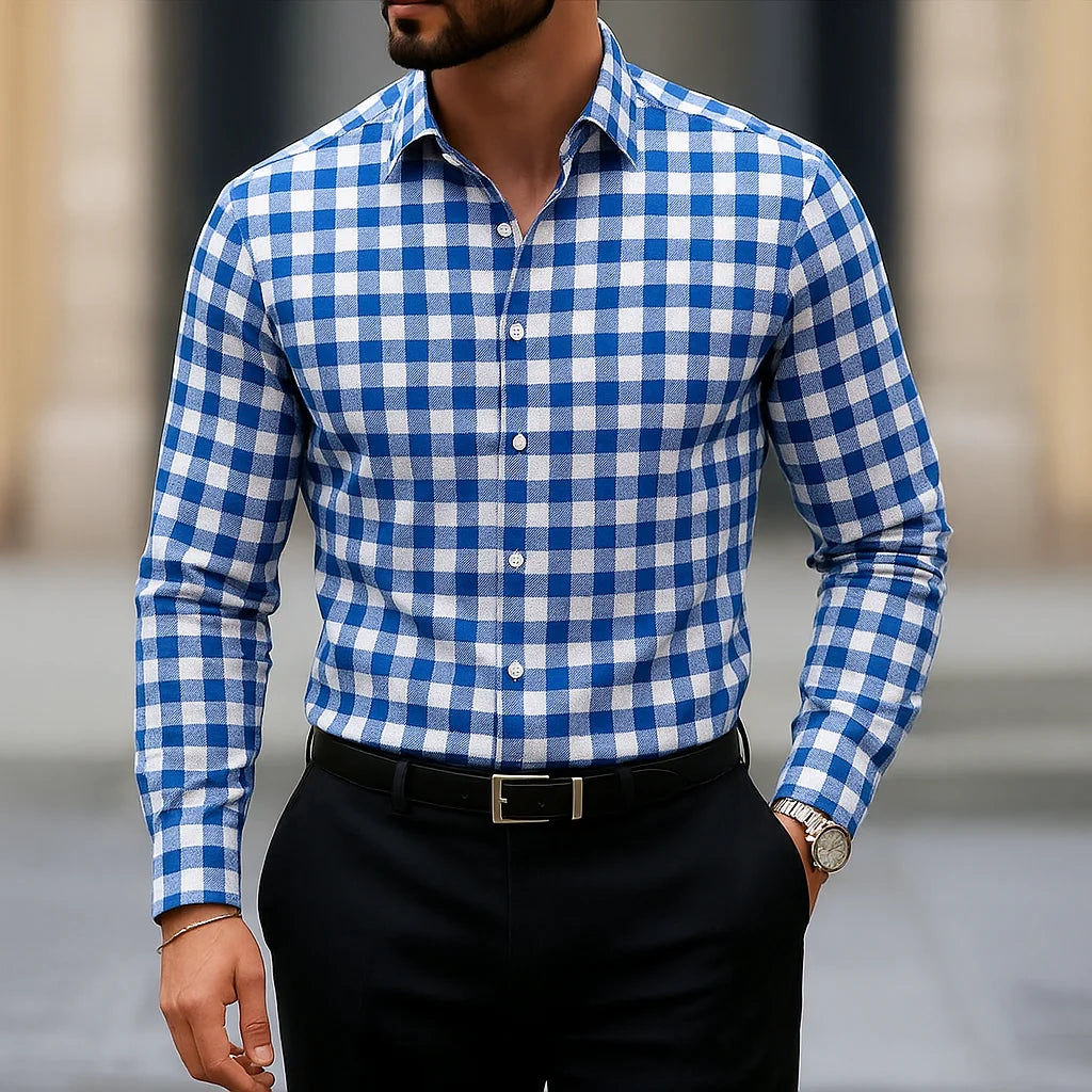 Slim fit men's striped casual shirt by SHOWLU FASHION STORE, long sleeve polyester shirt with stylish vertical stripes.