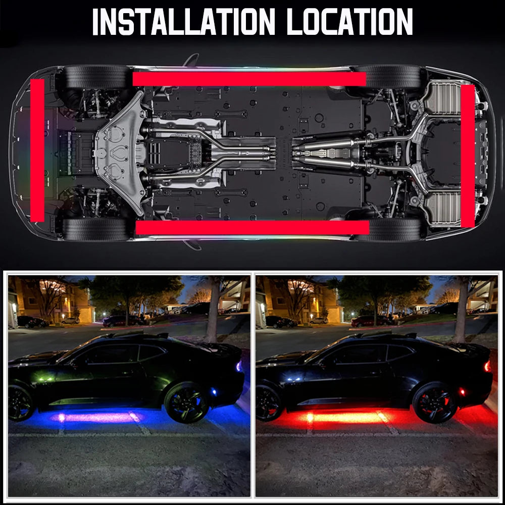 Showlu Smart General WUMFIRE RGB car underbody LED lights installed under a vehicle, glowing in vibrant multicolor.