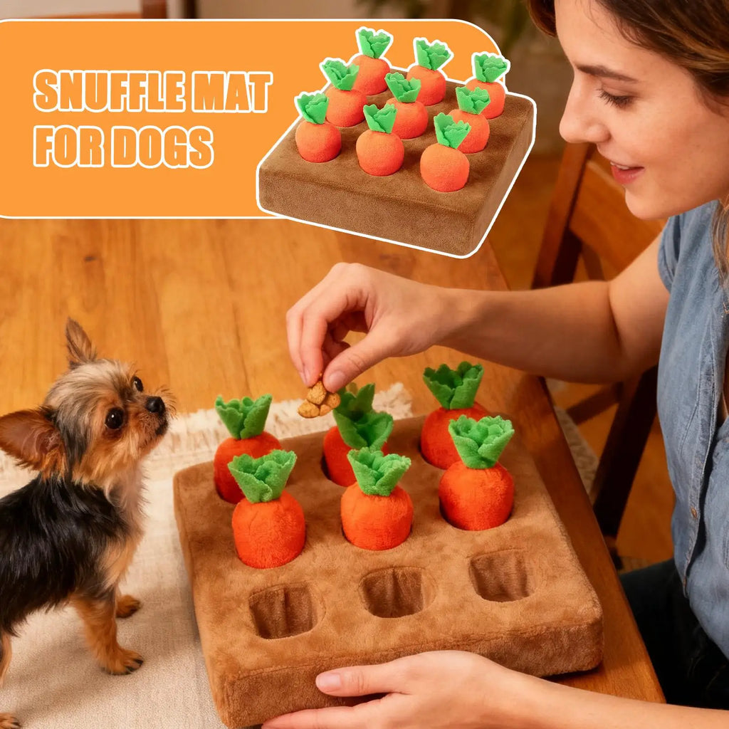 Interactive dog snuffle mat with carrot design, used for enrichment, foraging, and boredom relief in pet training.