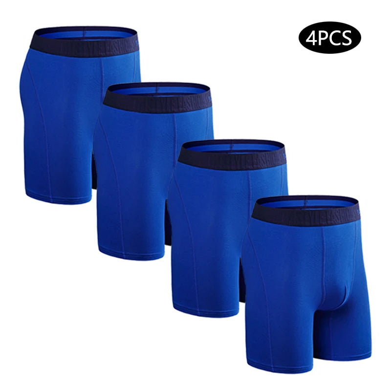 Men's long-leg boxer shorts from SRBONITOS by Showlu Fashion Store, 4-pack cotton trunks in plus size, displayed in black and navy.