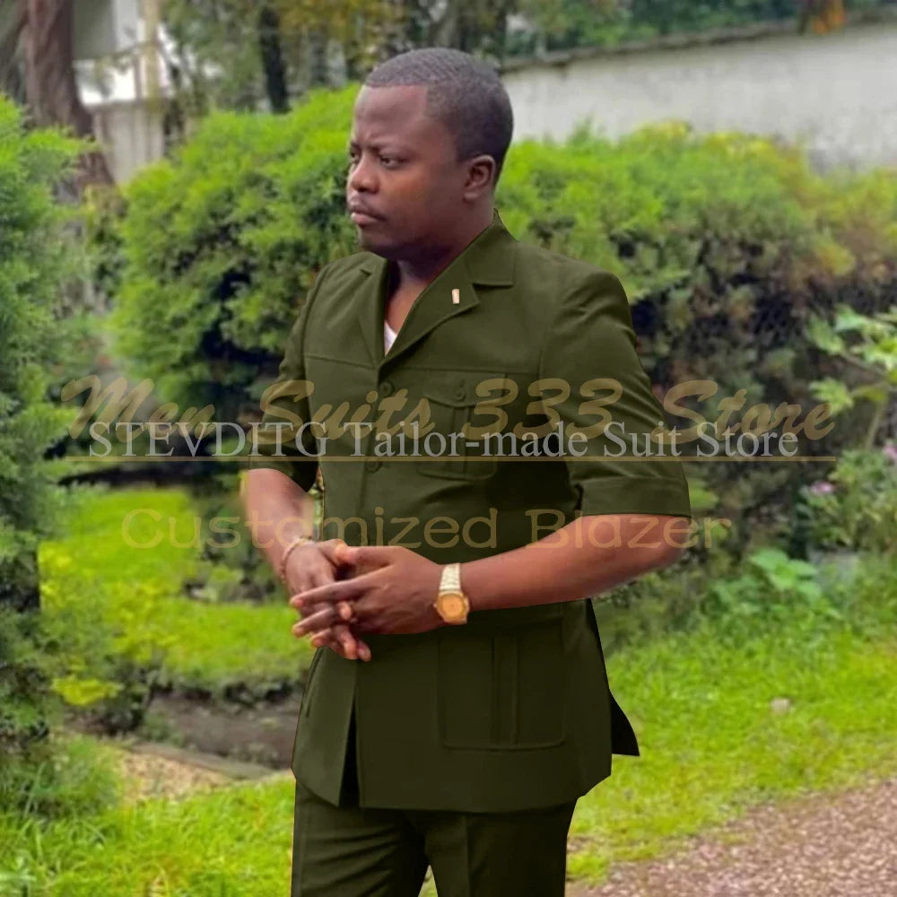 Safari men's suit set with short sleeve jacket and pants, single breasted, African fashion style, stand notch lapel, Showlu Fashion
