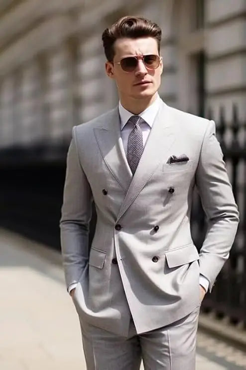 Men's double-breasted slim fit wool blend formal suit jacket by SHOWLU showing tailored design and classic lapel details.