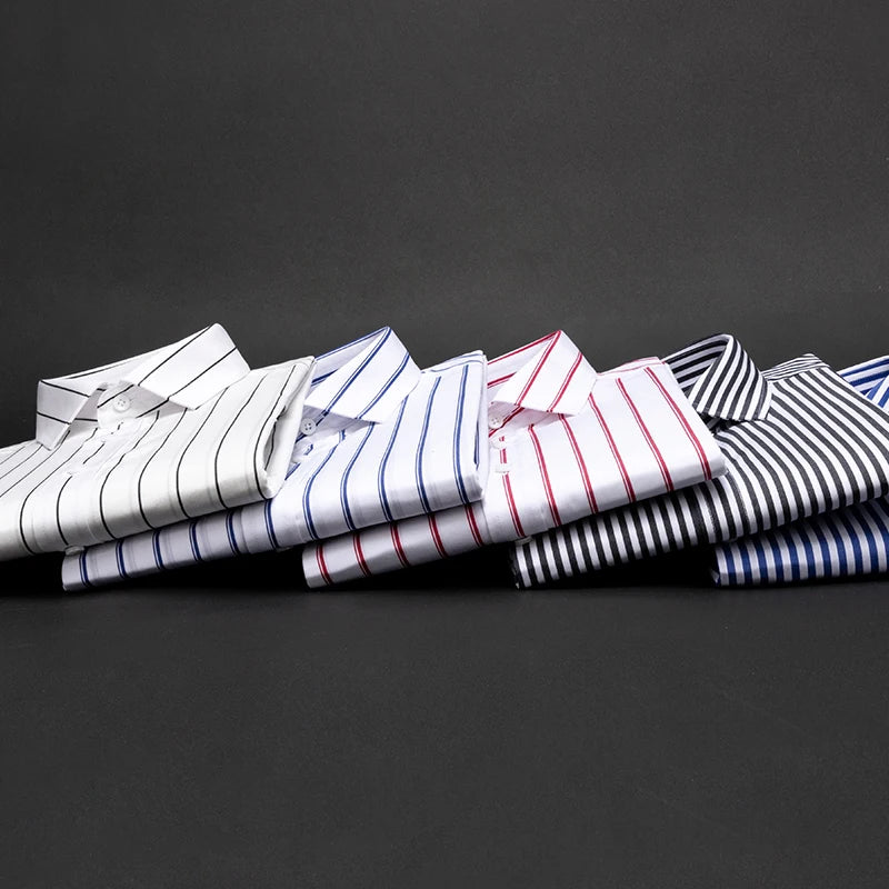 Men's slim fit cotton long-sleeve shirt with striped collar, wrinkle-resistant, high-end light luxury fashion, heterochromatic design.