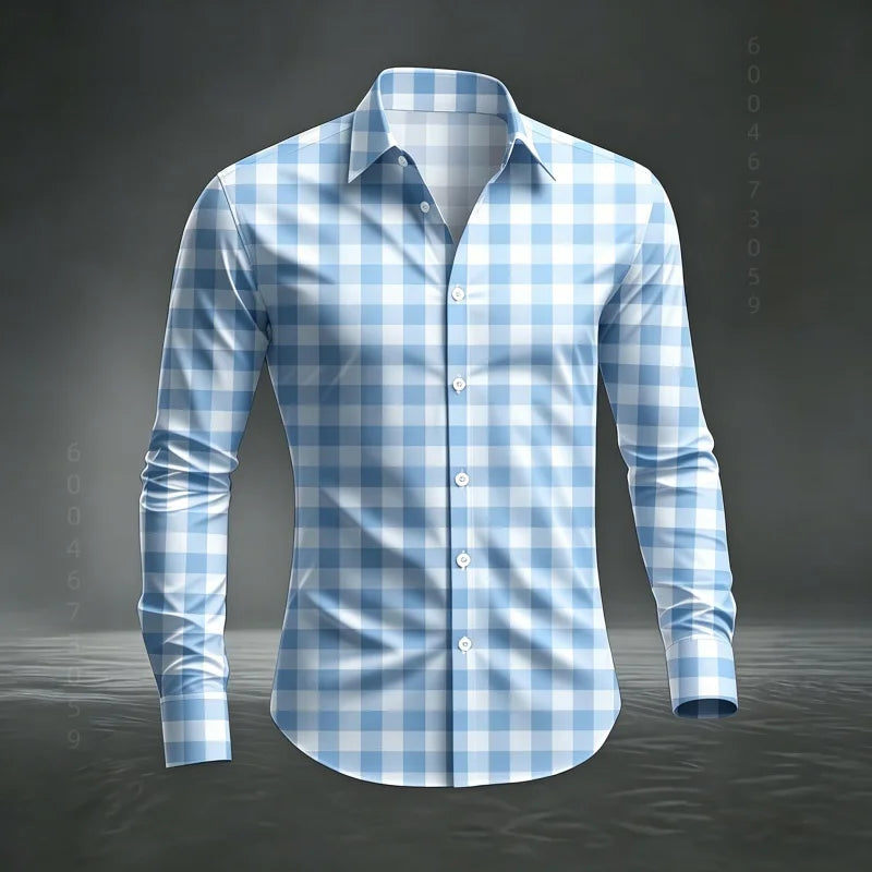 2026 Men's New Classic Plaid Shirt with Plaid Printing, Slim Fit Collar Long Sleeve Shirt, Men's Top, Comfortable Fabric XS-6XL