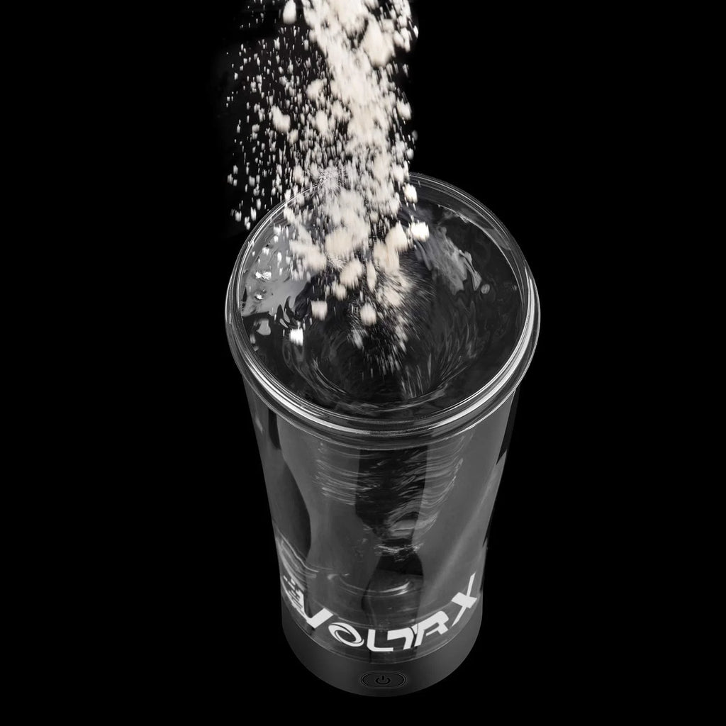 Showlu Electric Protein Shaker Bottle with 7000 RPM USB rechargeable motor, sleek design, and leak-proof lid.