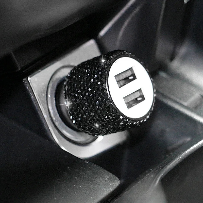 Showlu Pink Crystal dual USB car charger with 3-in-1 charging cable, compact design, and stylish crystal accents.