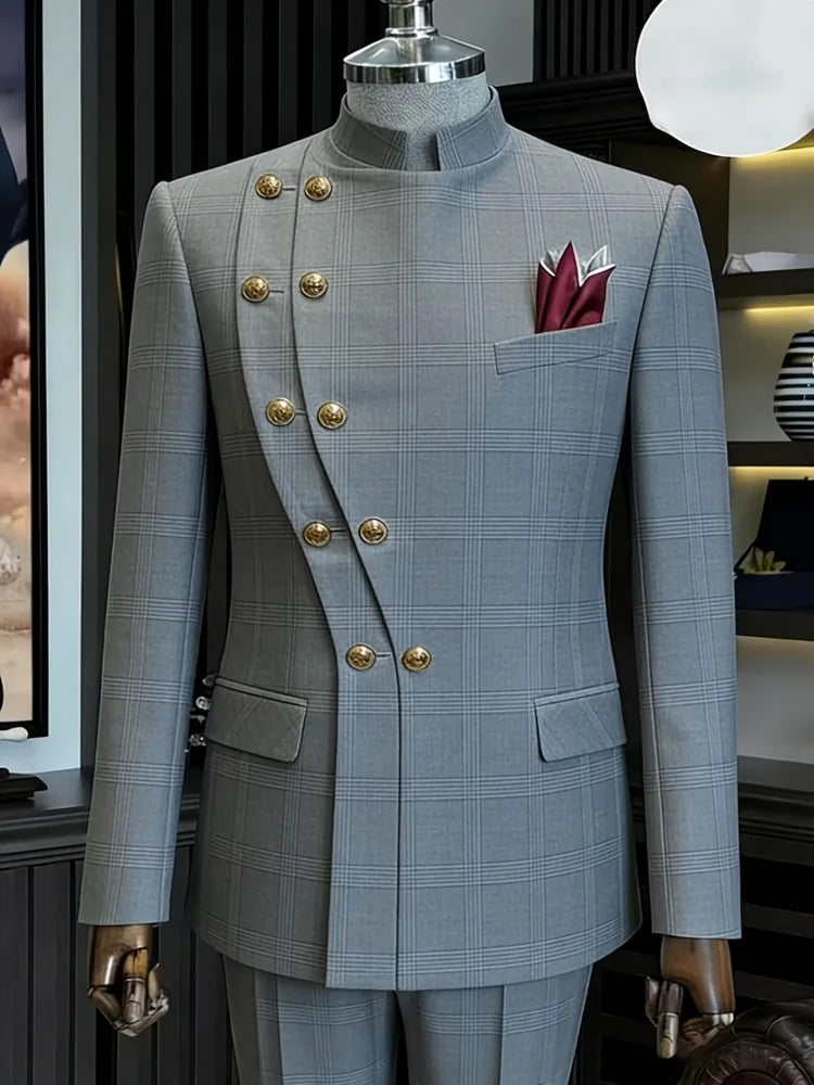Men's Grey Plaid 2 Piece Suit Mandarin Collar Asymmetric Gold Button Jacket & Trousers Wedding Business Formal Slim Fit Suit Set