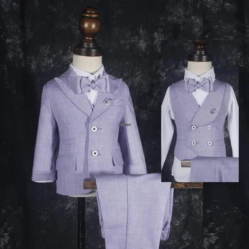 Purple boys' formal wedding suit by SHOWLU FASHION STORE, 5-piece tuxedo set with jacket, shirt, pants, vest, and bow tie.