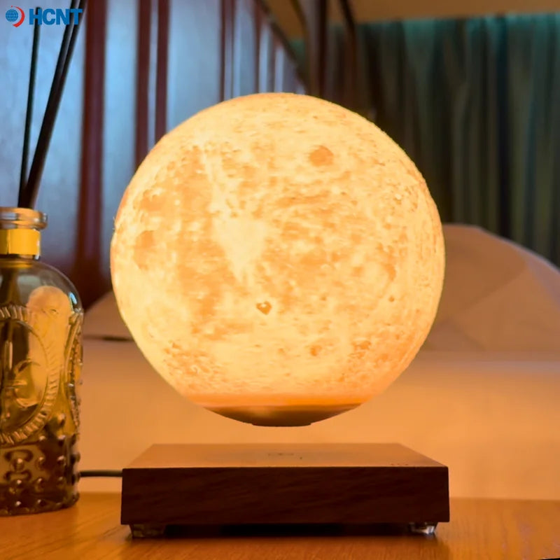 Showlu Smart General magnetic levitating moon lamp floating above a base, realistic moon surface design, modern home decor accessory.