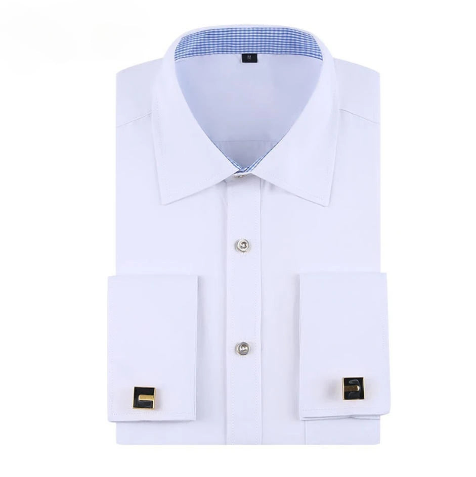 Men's formal French cuff dress shirt with long sleeves, solid striped pattern, plus size, from Showlu Fashion Store.