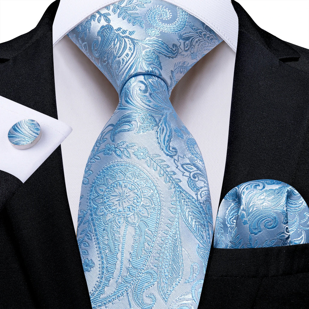 New Classic 100% Silk Men's Ties 8cm Blue Plaid Dot Striped Business Necktie Handkerchief Wedding Party Tie Set Gravatas DiBanGu