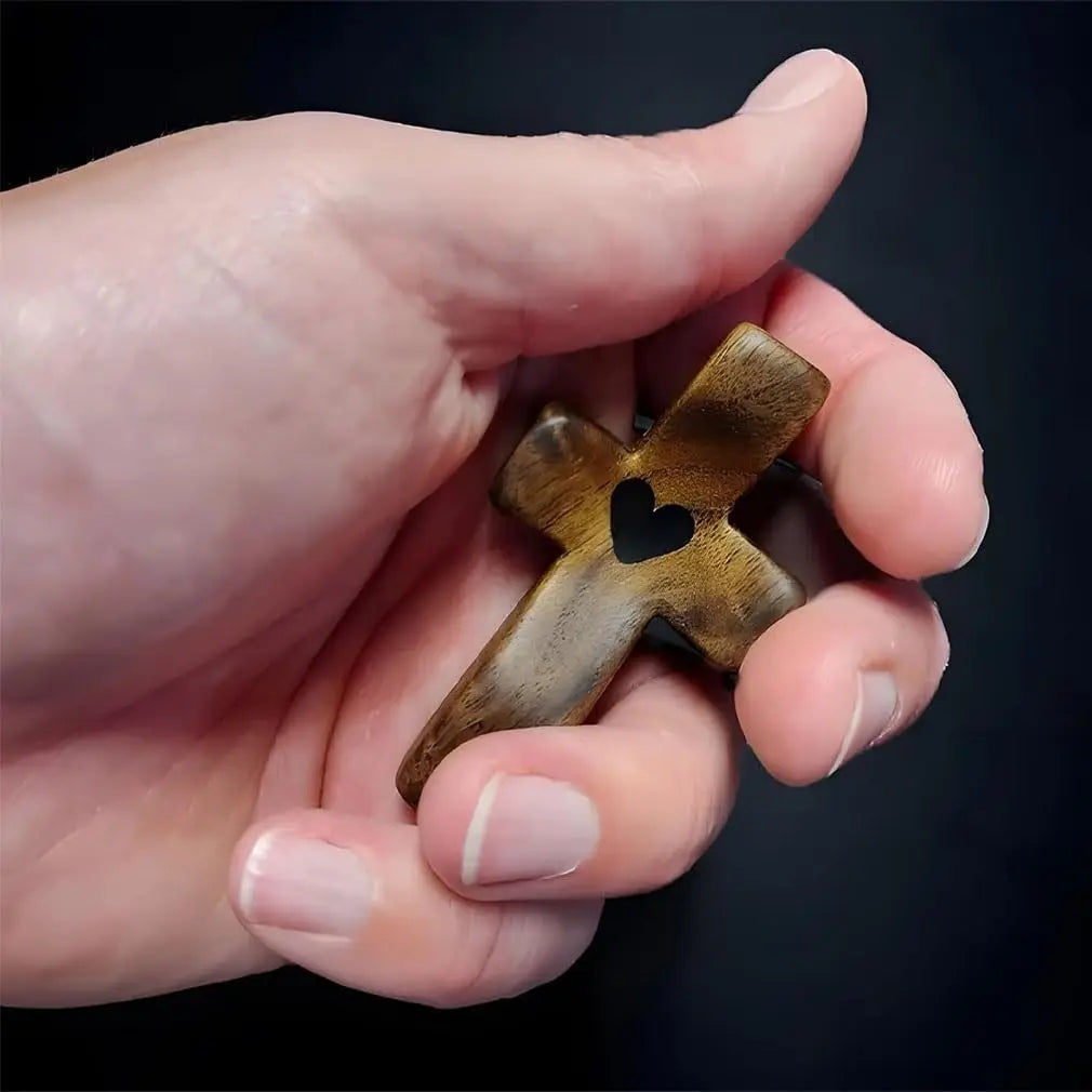 Showlu wooden pocket cross with heart shape, fingertip stress relief toy, natural wood finish, designed for stress relief and heartfelt gifts.