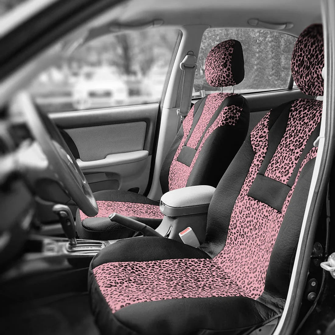 Leopard print plush car seat covers from AUTO PLUS by SHOWLU FASHION STORE, winter interior set for cozy vehicle comfort.