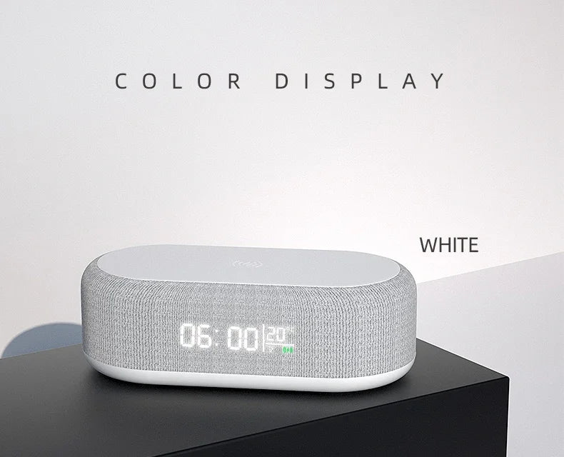 Showlu Smart General 15W wireless charging alarm clock with LED night light, digital display, and sleek modern design.
