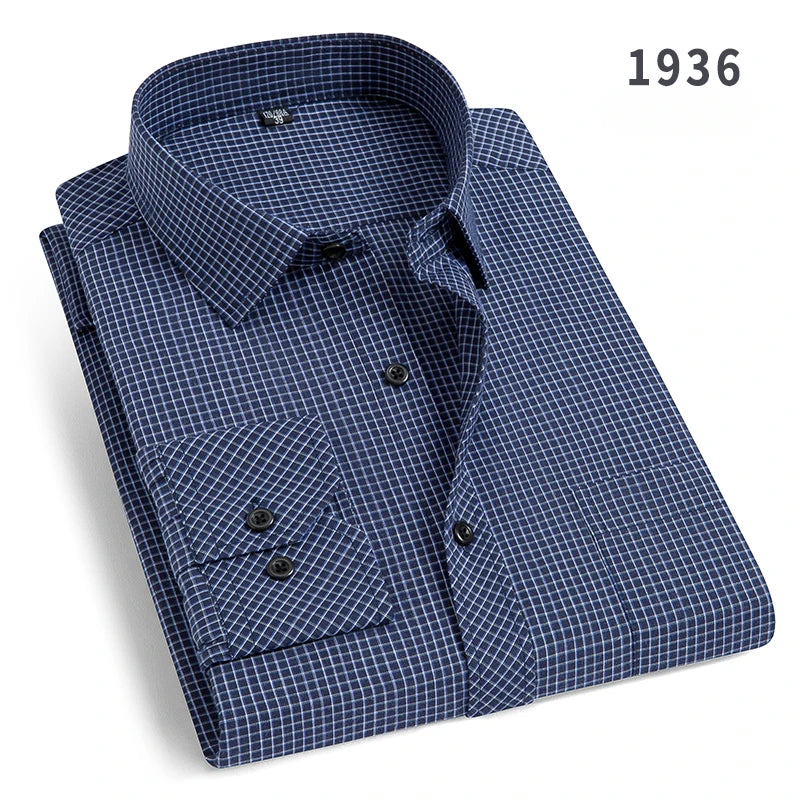 Plus size men's slim fit formal plain shirt with double collar, long sleeves, solid color, suitable for office or business wear.