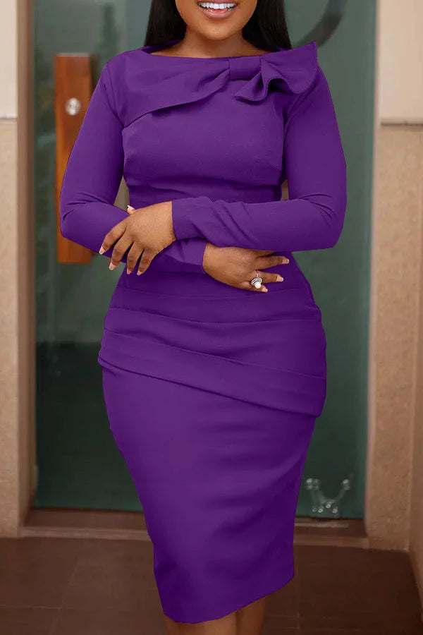 Elegant Bow Pleated Party Maxi Dress Women Solid O Neck Long Sleeve Ruched Ruffle Evening Wedding Bodycon Pencil Dress
