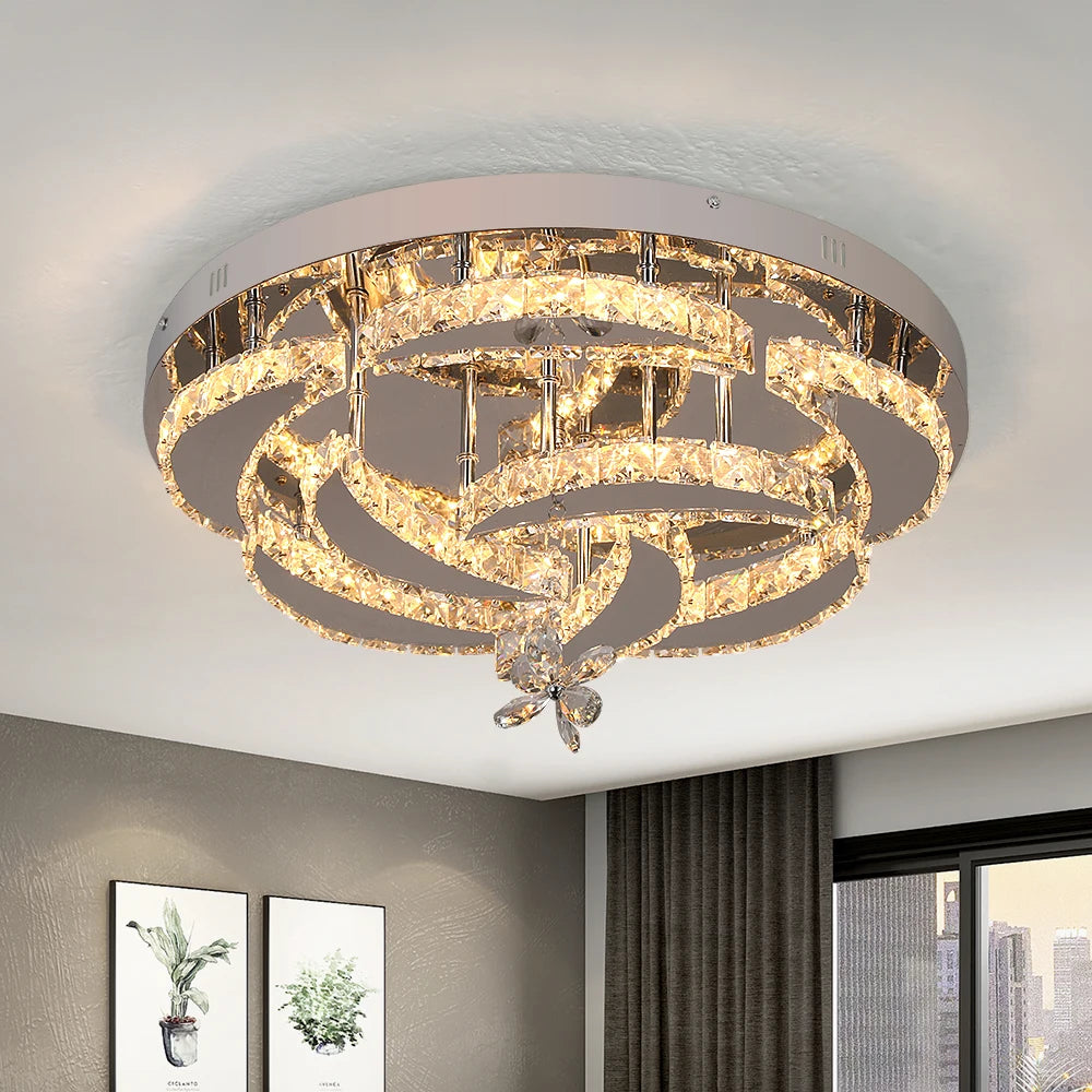 Modern K9 crystal chandelier by VETRULUS with dimmable LED flush mount light, featuring sparkling crystal accents and sleek design.