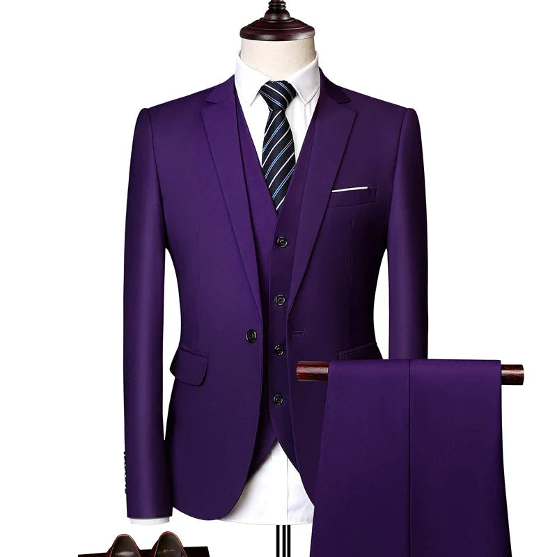 Pink three-piece men's wedding suit by SHOWLU FASHION STORE, slim fit business casual attire with jacket, vest, and trousers.