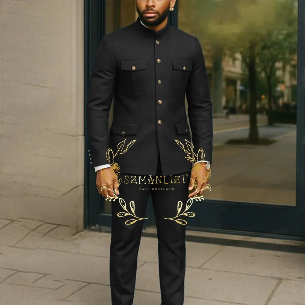 White stand collar men's suit jacket and pants set featuring single-breasted blazer, ideal for business or wedding attire.