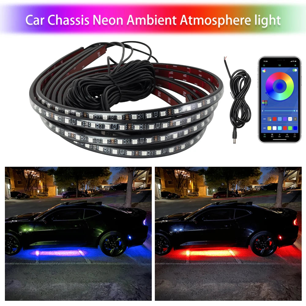Showlu Smart General WUMFIRE RGB Car Underbody LED Lights installed under a vehicle, showcasing colorful underglow lighting.