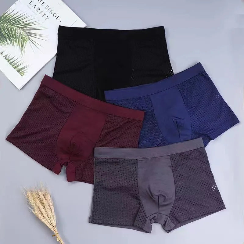 Showlu Men's Ice Silk Mesh Boxer Shorts in breathable, lightweight fabric, displayed in a 3-pack for comfortable everyday wear.