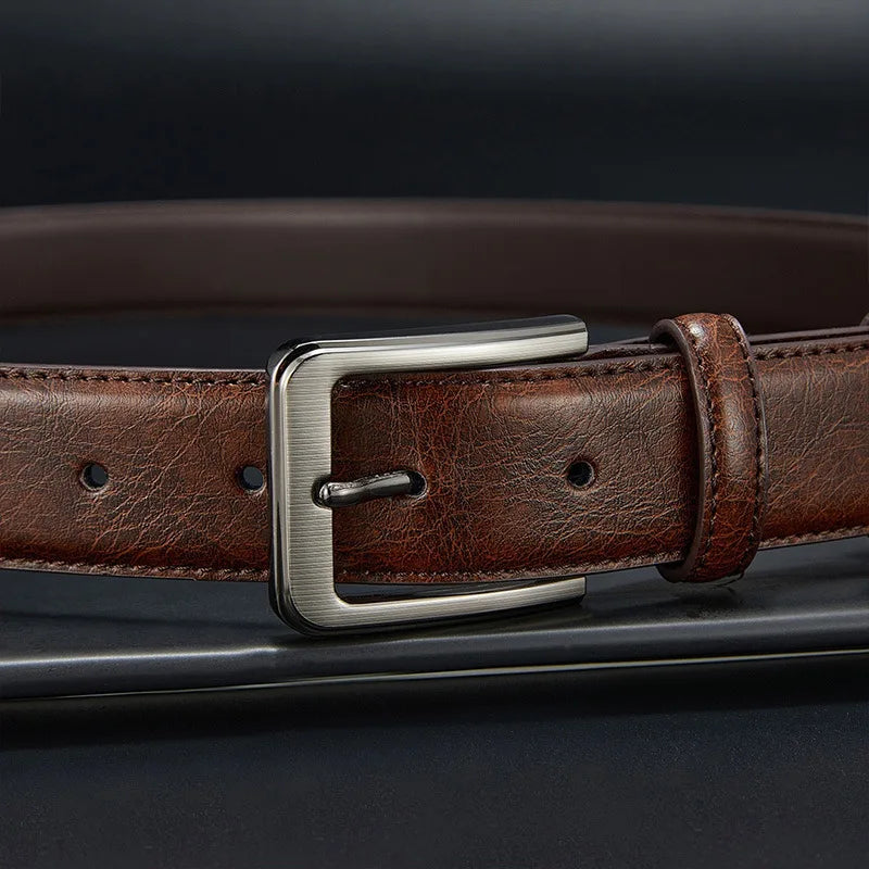 Genuine split leather men's belt by Showlu Fashion with alloy needle buckle, stylish and durable accessory for men.