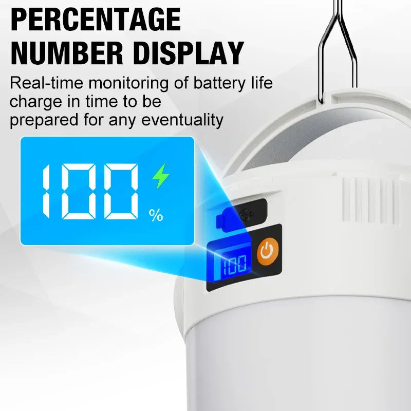 Showlu Smart General portable LED camping lantern with solar rechargeability and multi-mode lighting, ideal for outdoor camping.