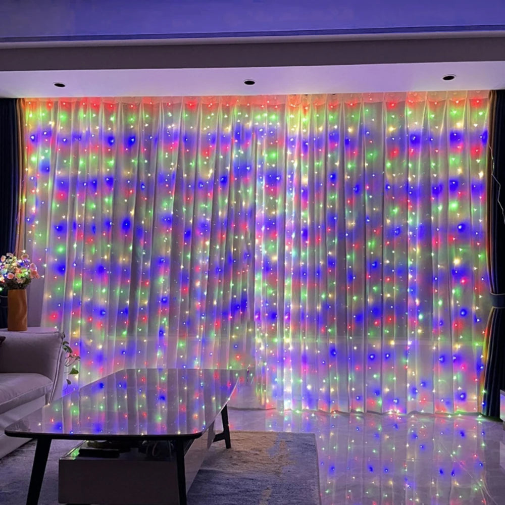Showlu Smart General LED Curtain Fairy Lights hanging on a window, showcasing warm glowing string lights for home decor.