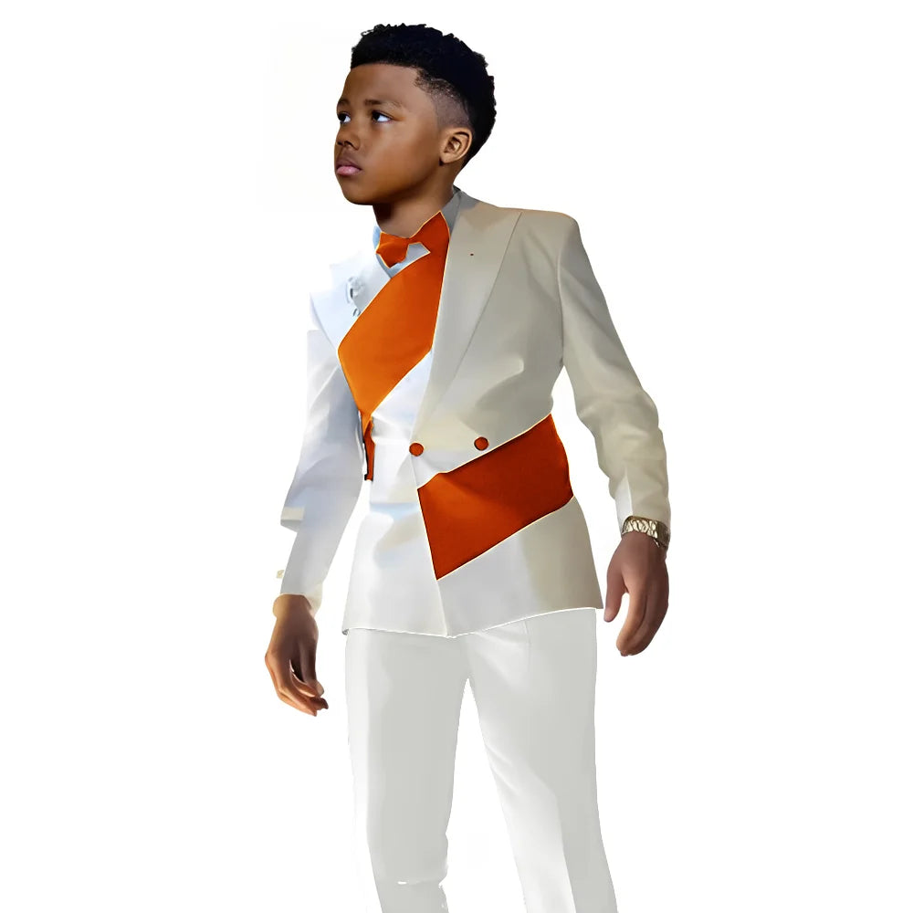 White satin boys' suit 2-piece set with blazer and pants, tailored wedding tuxedo for kids ages 2-16, slim fit, Showlu Smart General.