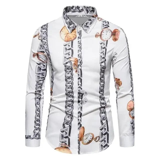 Showlu men's retro plaid long sleeve shirt with floral pattern, casual dress top, stylish men's fashion, lightweight and comfortable.