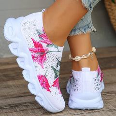 Crystal Floral Knitted Sneakers Women Summer 2024 Breathable Mesh Flat Heels Casual Shoes Woman Comfortable Soft Bottom Flats 43