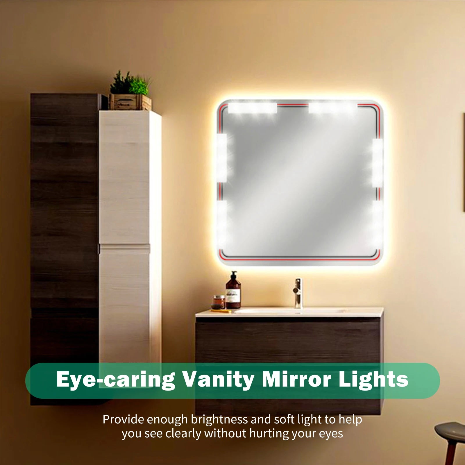 Showlu Smart General LED mirror backlight strip attached to a modern bathroom mirror with warm white lighting.