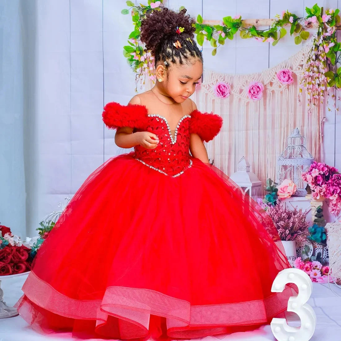 Red Kids Birthday Dresses For Girls Flower Girl Dresses Customized Pleated Ruffles Tiered Tulle Ball Gowns for Wedding