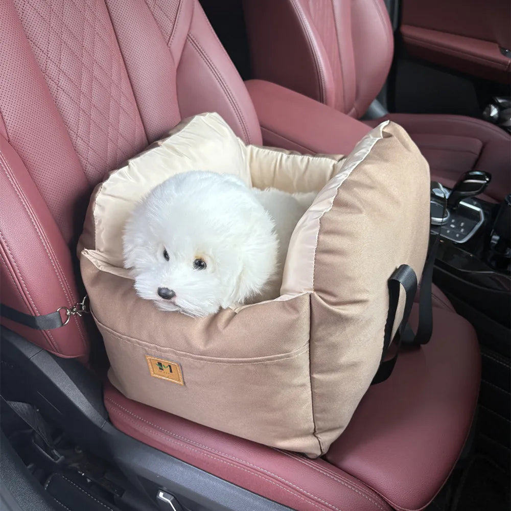 Showlu Dog Car Seat with Safety Belt, washable booster travel bed for pets, featuring secure straps and comfortable design.