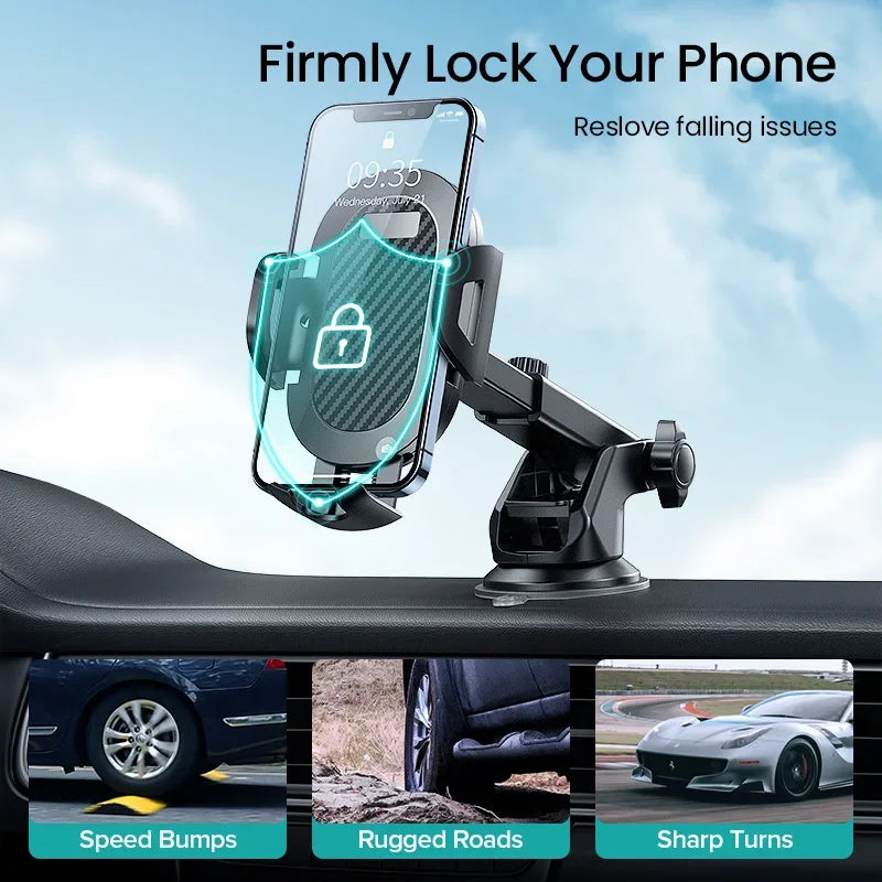 Universal AUFU Gravity Sucker Car Phone Holder mounted on windshield, showcasing adjustable grip for smartphones.
