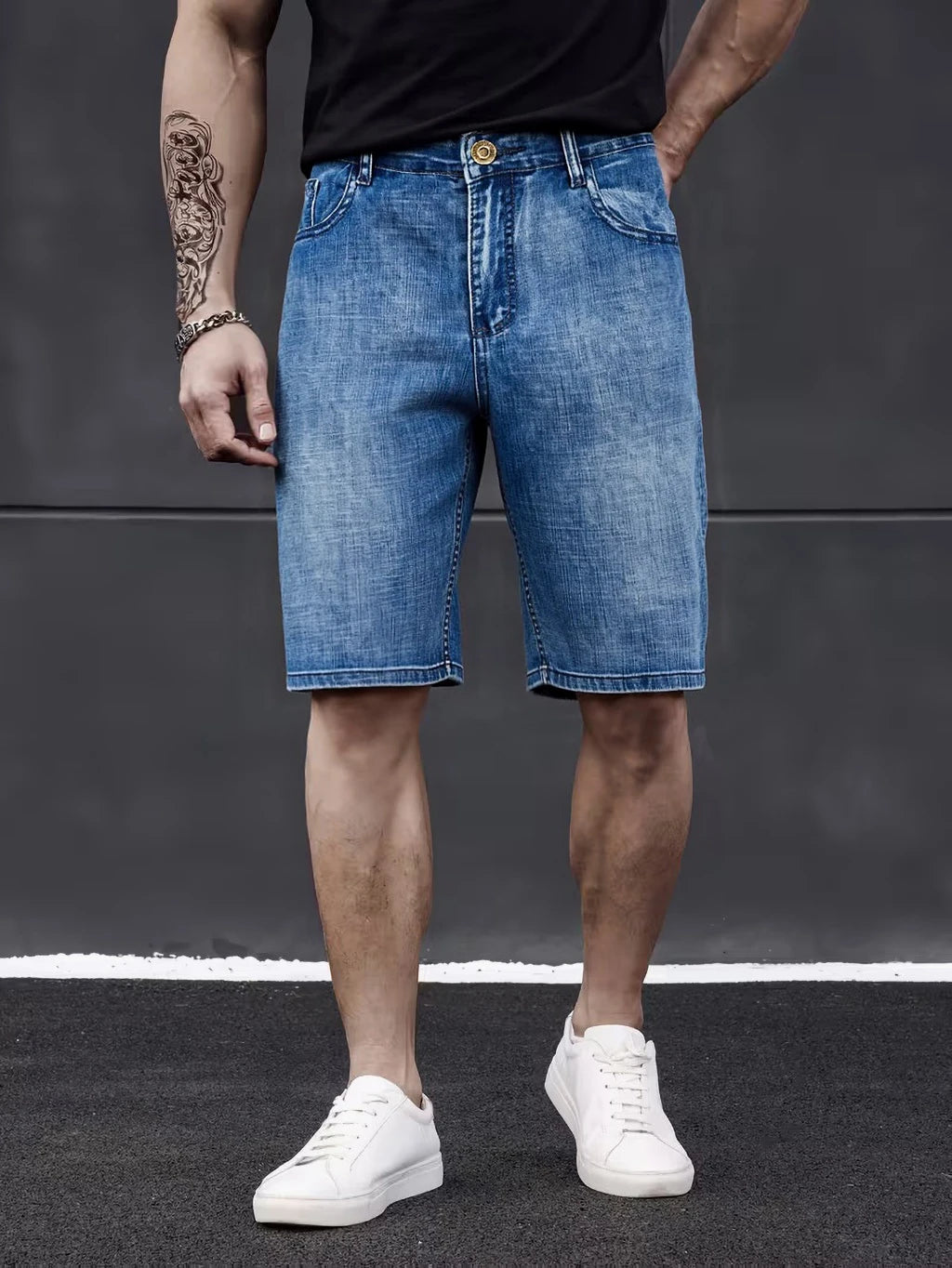 Slim-fit men's denim shorts in classic style, featuring stretch fabric and casual design, size 40, by Showlu Fashion Store.