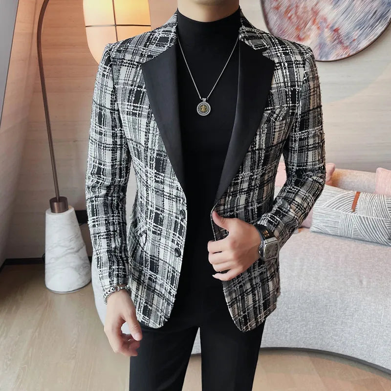 Men Fashion Plaid Casual Business Blazer Gentleman Versatile Banquet Party Groom Wedding Coats British Style Woven Suit Jacket