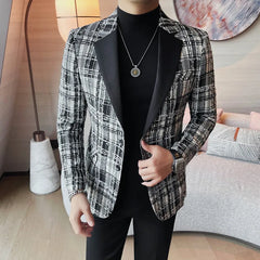 Men Fashion Plaid Casual Business Blazer Gentleman Versatile Banquet Party Groom Wedding Coats British Style Woven Suit Jacket
