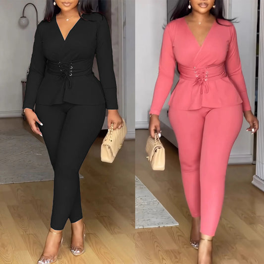 Women's 2025 new fashion stand-up collar breasted split long-sleeved shirt tights suit