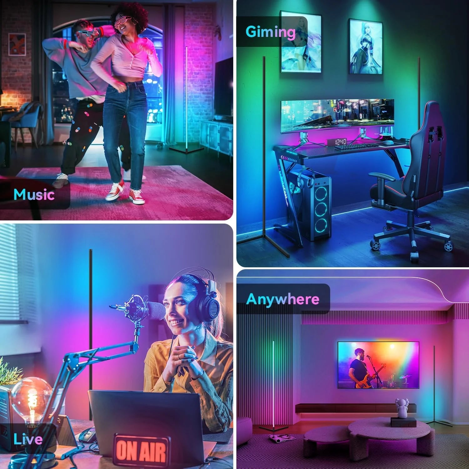 Showlu Smart RGB corner floor lamp with music sync, featuring colorful LED lighting and modern design for living room decor.