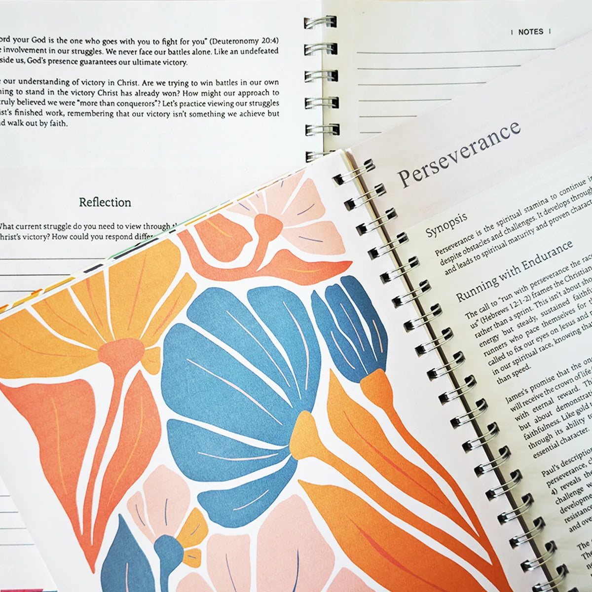 Spiral-bound women's Bible in a Year devotional journal with 52 weekly entries, featuring inspirational religious content.