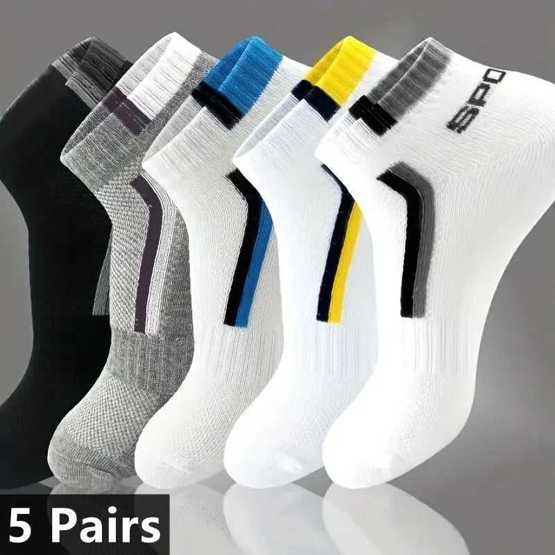 Set of men's striped cotton sports ankle socks with breathable, sweat-absorbing fabric for comfort and active wear.