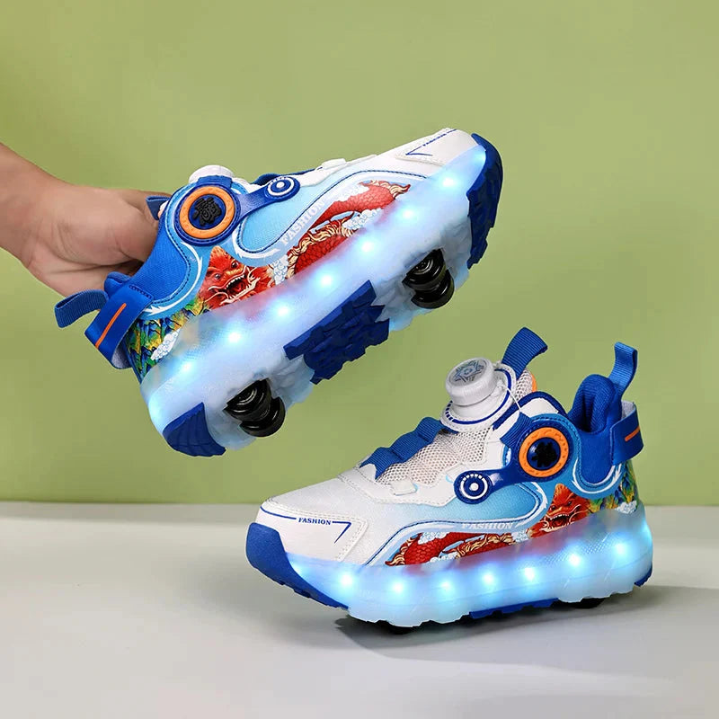Luminous LED roller skate shoes for kids with USB charging, featuring bright light-up soles and sporty design from Showlu Kids.
