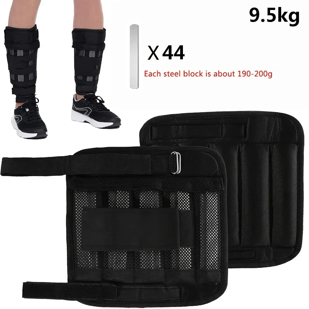 Adjustable Showlu weight vest and ankle weights for strength training, featuring padded straps and secure fastenings.