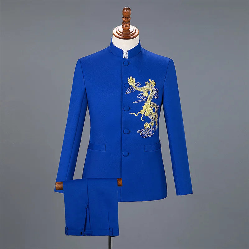 Men's slim fit suit by Showlu Fashion with embroidered blazer and straight pants, stylish formal attire for men.