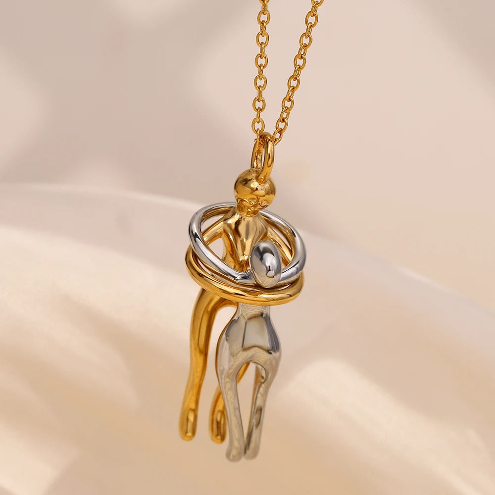 E.B.belle mix color stainless steel and 18K gold pendant necklace featuring a hugging people design, ideal for lovers and family gifts