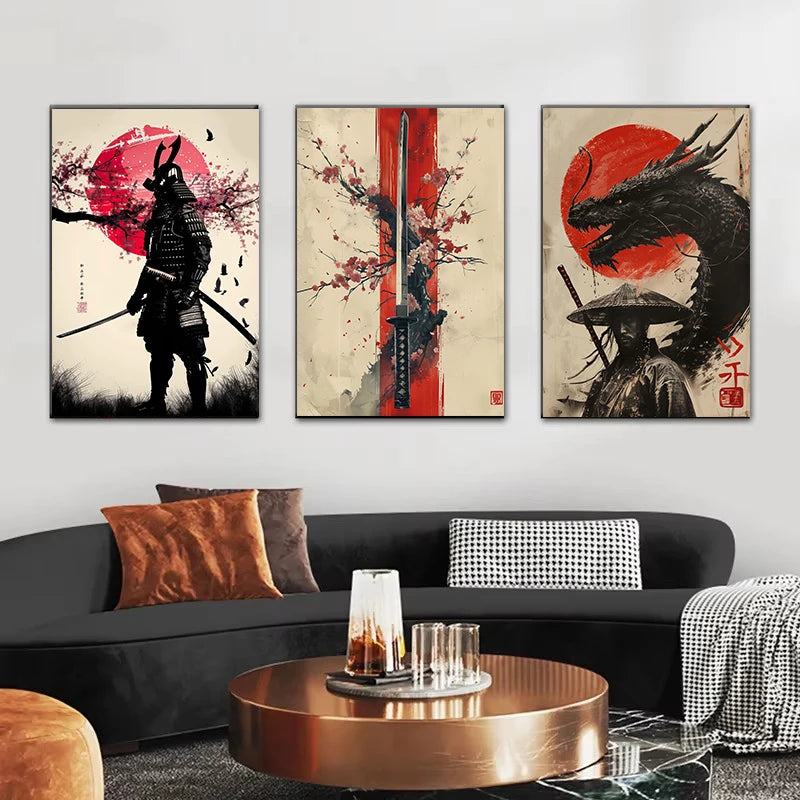 Japanese landscape wall art featuring samurai, geisha, bonsai, torii gate, sakura, and traditional scenery on canvas for home decor.