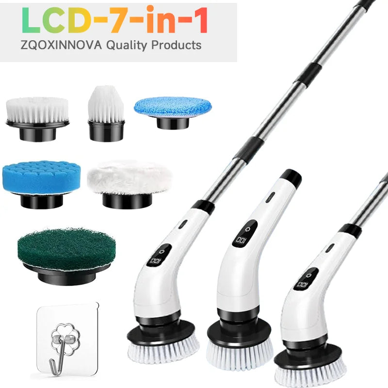 Showlu Smart General cordless electric spin scrubber with 7-in-1 cleaning brush, shown in use on a bathroom surface.
